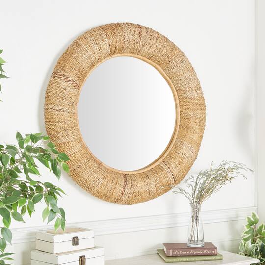 35" Brown Coastal Rattan Wall Mirror